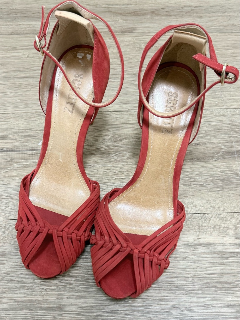 SCHUTZ Red Suede Woven Strappy Ankle-Heel Sandals